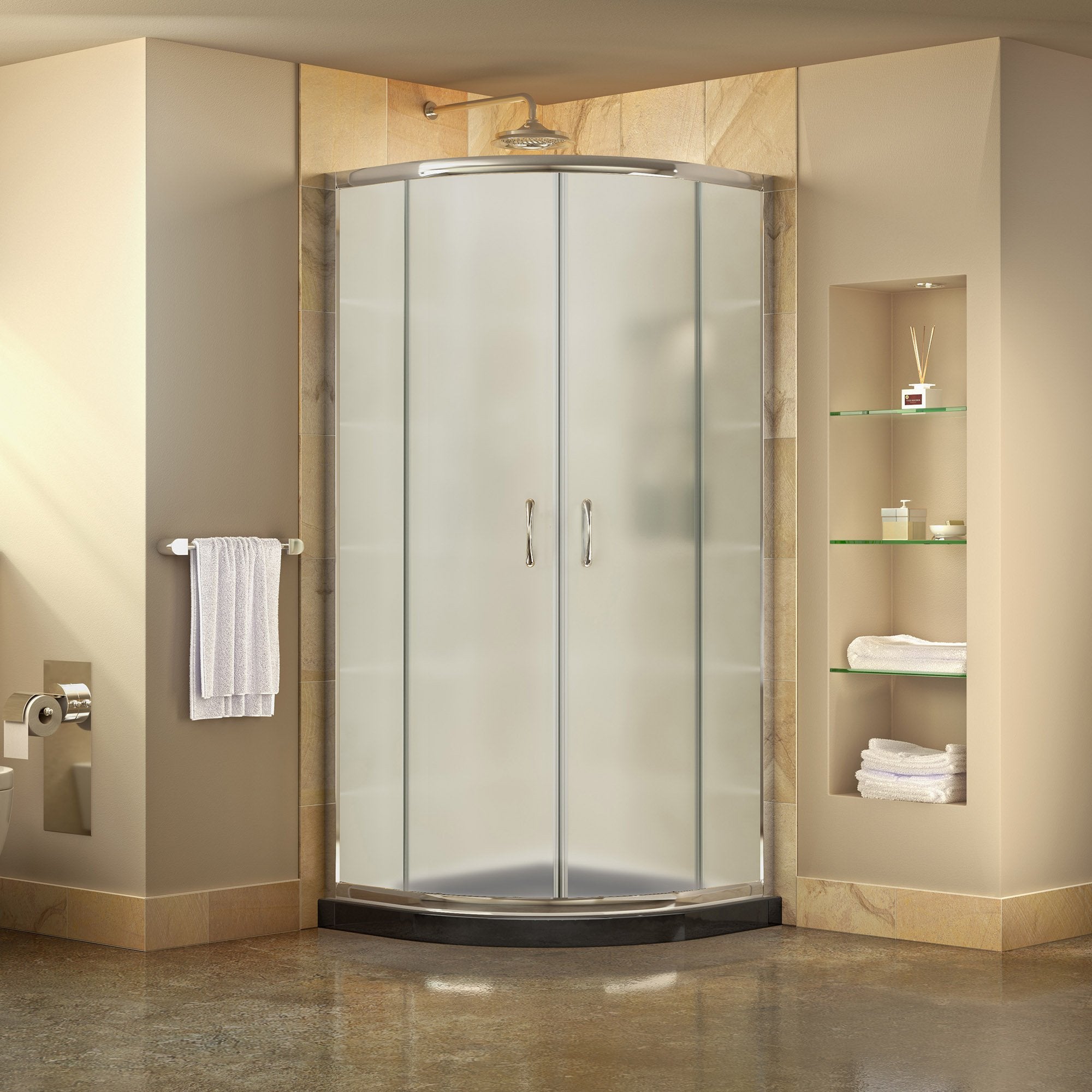 DreamLine Prime 36 in. x 74 3/4 in. Semi-Frameless Frosted Glass Sliding Shower Enclosure in Chrome with White Base Kit, DL-6702-01FR