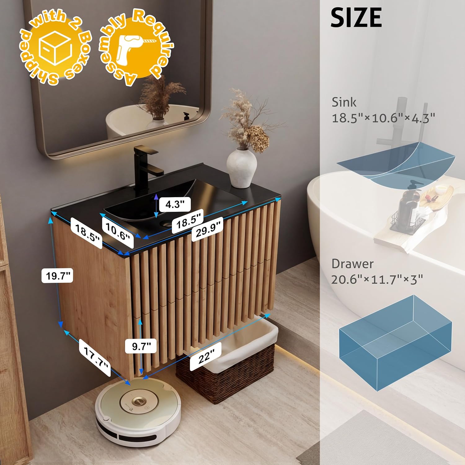 eclife 30" Floating Bathroom Vanity with Sink Combo, Modern Wall Mounted Two-Tone Cabinet with Fluted Drawers, Undermount Black Sink, Include Faucet, Drain, Mixed Natural