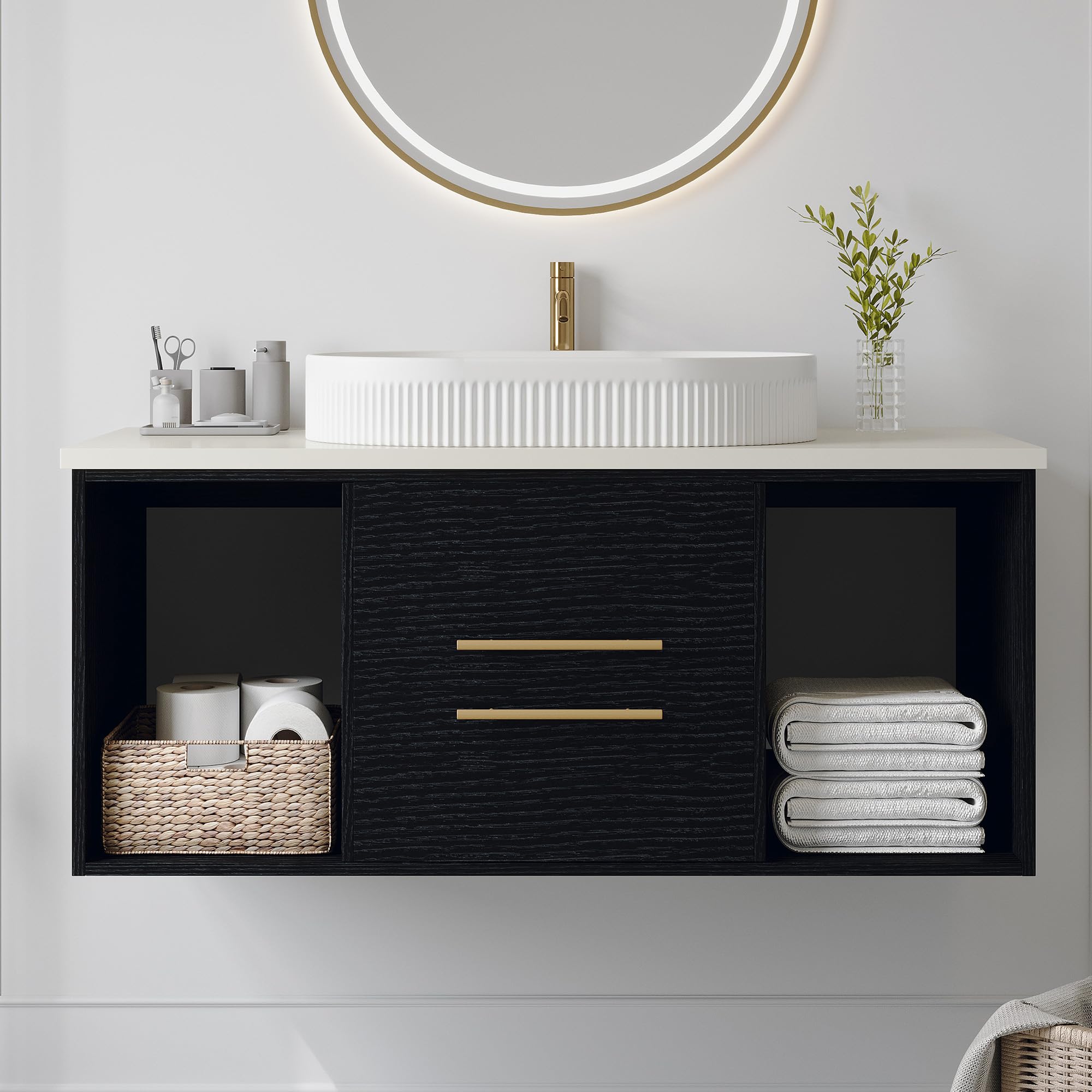 40 inch Modern Floating Bathroom Vanity with Sink, Wall Mounted Bathroom Cabinet with Ceramic Sink, Sintered Stone Countertop, 2 Soft Closing Drawers & Open Storage Shelf, Black