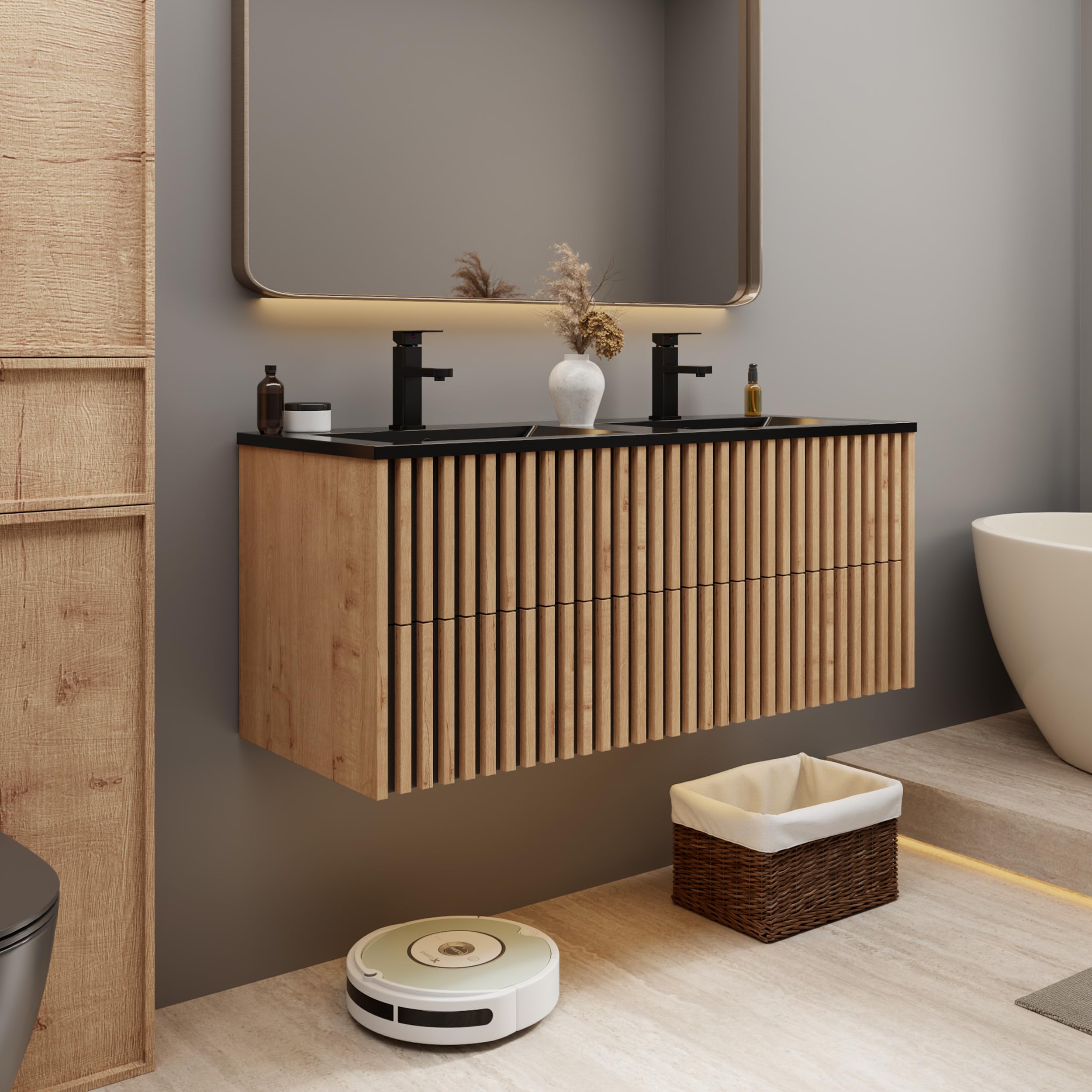 eclife 30" Floating Bathroom Vanity with Sink Combo, Modern Wall Mounted Two-Tone Cabinet with Fluted Drawers, Undermount Black Sink, Include Faucet, Drain, Mixed Natural