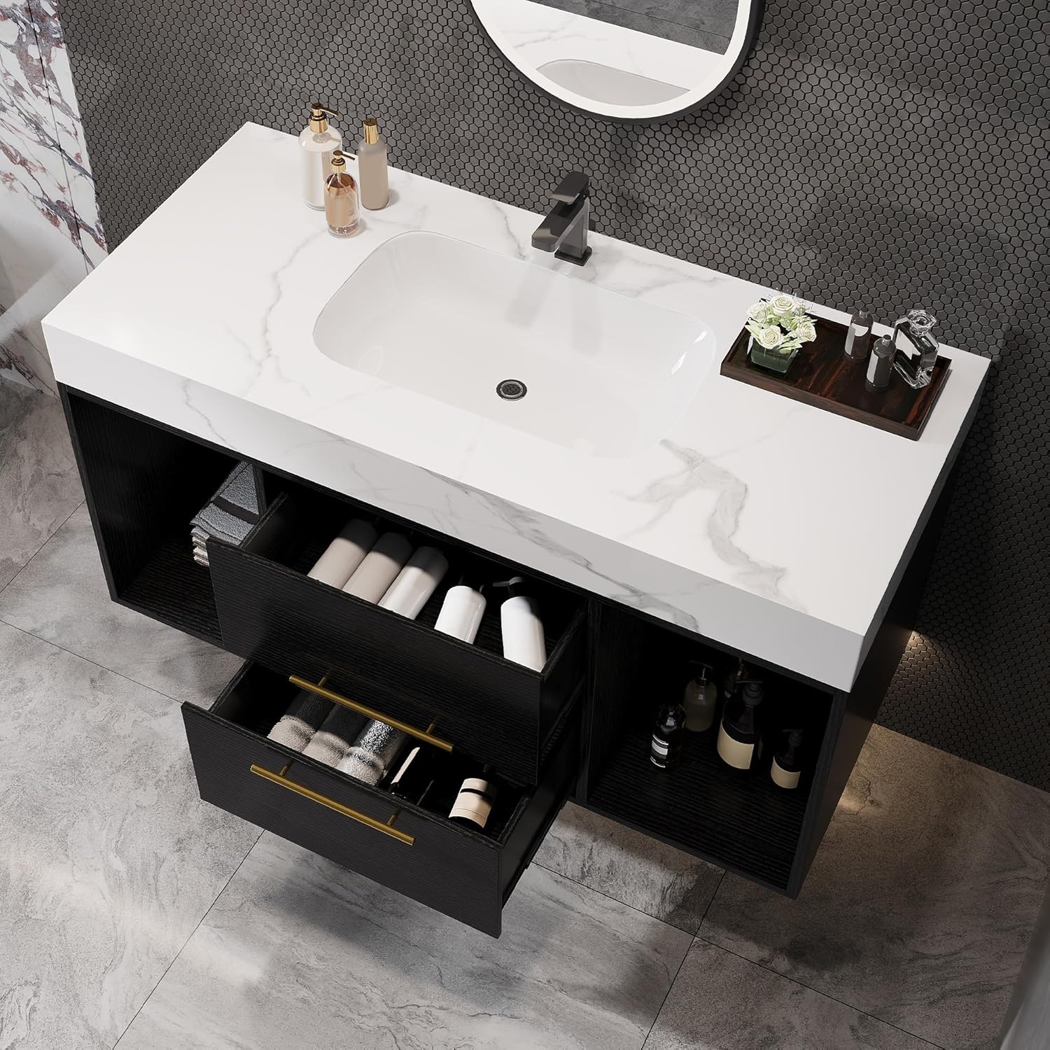 40 inch Modern Floating Bathroom Vanity with Sink, Wall Mounted Bathroom Cabinet with Ceramic Sink, Sintered Stone Countertop, 2 Soft Closing Drawers & Open Storage Shelf, Black