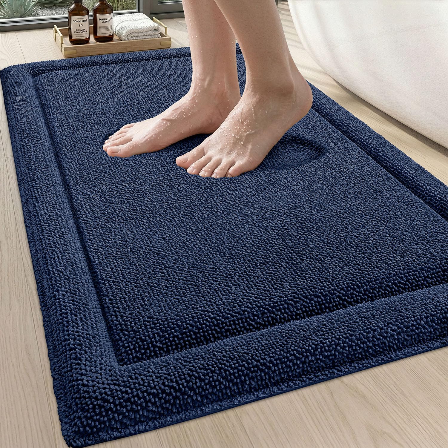 DEXI Memory Foam Bath Mat 24x17, Soft Absorbent Chenille Bathroom Rug, Non Slip Quick Dry Bath Mats for Bathroom, Thick Plush Floor Carpet for Tub Shower, Sink, Beige