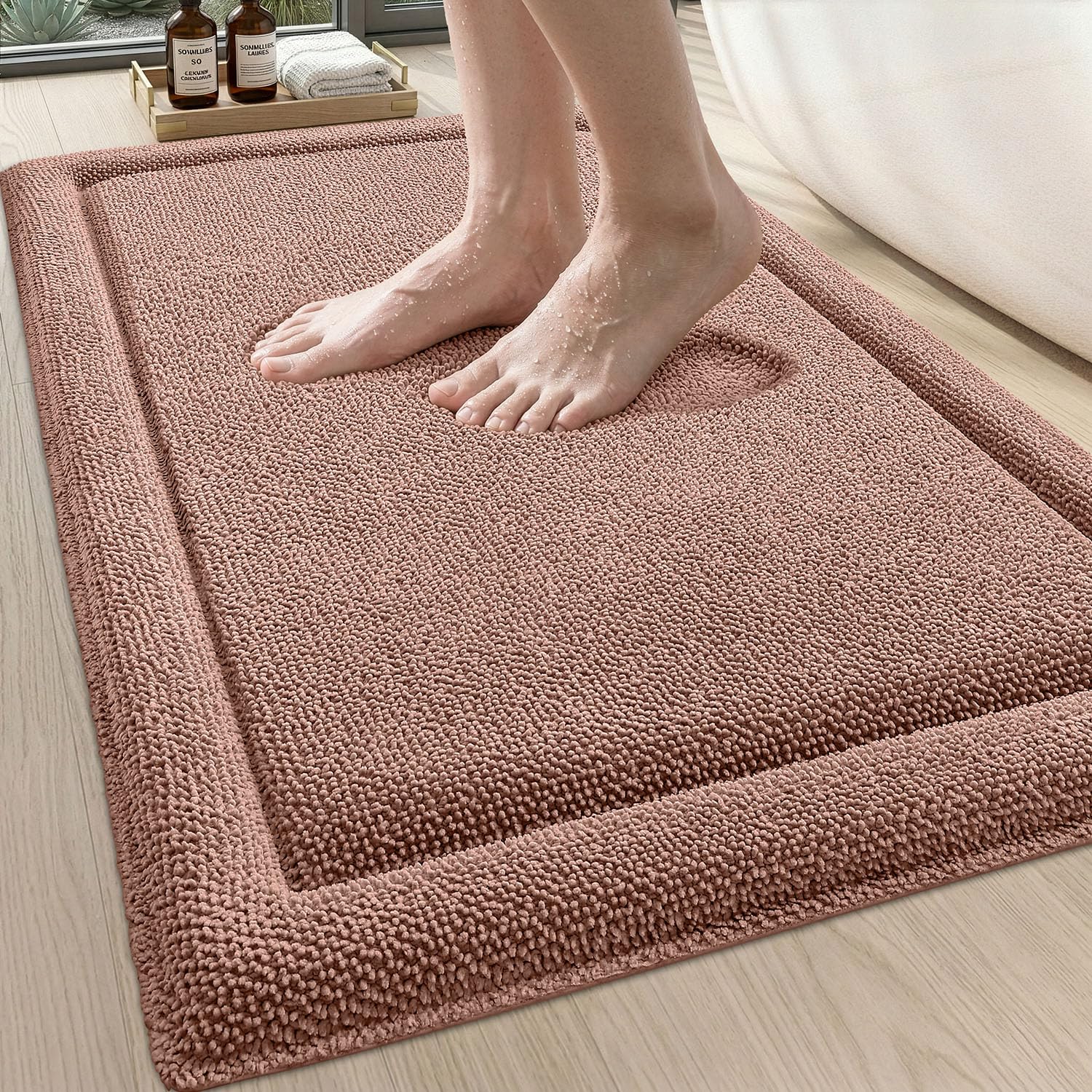 DEXI Memory Foam Bath Mat 24x17, Soft Absorbent Chenille Bathroom Rug, Non Slip Quick Dry Bath Mats for Bathroom, Thick Plush Floor Carpet for Tub Shower, Sink, Beige