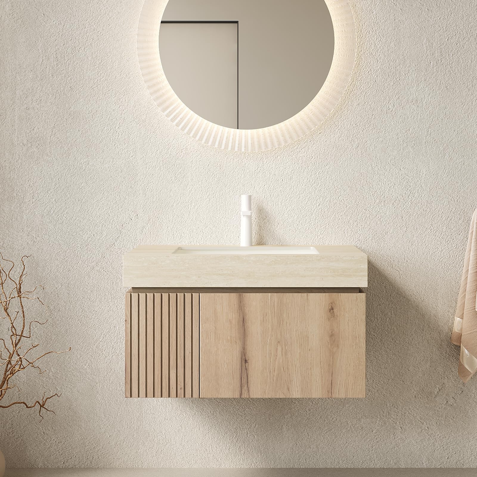 Ambrovina 48" Floating Bathroom Vanity with Sink, Modern Plywood Bathroom Storage Cabinet with Drawer and 2 Doors, Gray Sintered Stone Countertop and White Ceramic Basin, Pre-Assembled, Light Oak