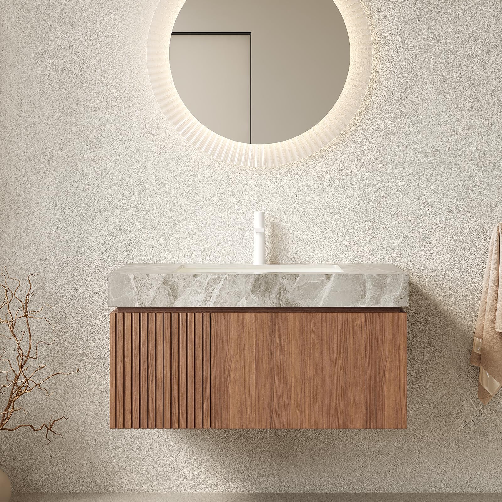 Ambrovina 48" Floating Bathroom Vanity with Sink, Modern Plywood Bathroom Storage Cabinet with Drawer and 2 Doors, Gray Sintered Stone Countertop and White Ceramic Basin, Pre-Assembled, Light Oak