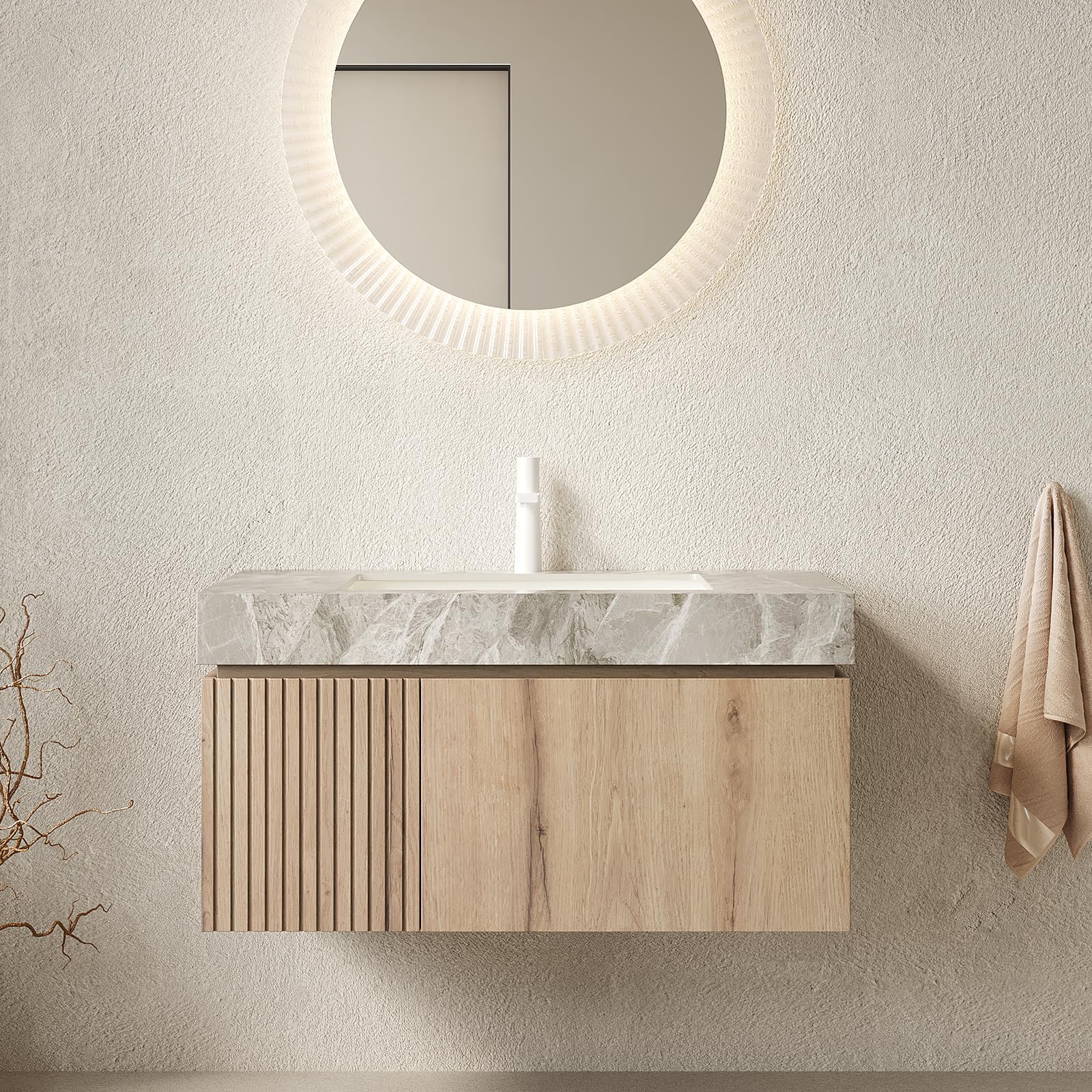 Ambrovina 48" Floating Bathroom Vanity with Sink, Modern Plywood Bathroom Storage Cabinet with Drawer and 2 Doors, Gray Sintered Stone Countertop and White Ceramic Basin, Pre-Assembled, Light Oak