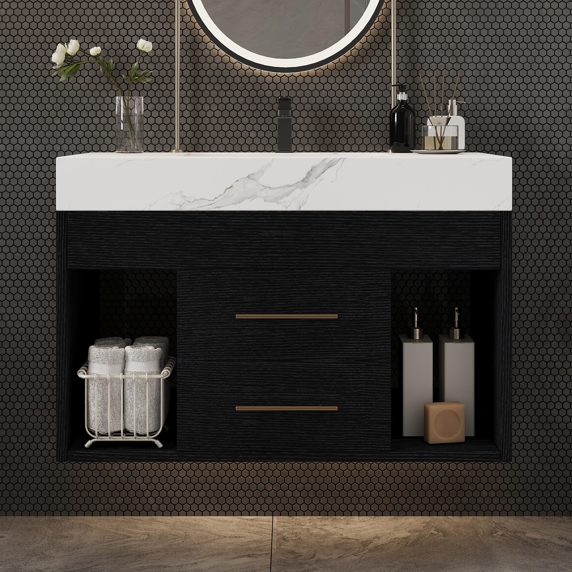 40 inch Modern Floating Bathroom Vanity with Sink, Wall Mounted Bathroom Cabinet with Ceramic Sink, Sintered Stone Countertop, 2 Soft Closing Drawers & Open Storage Shelf, Black