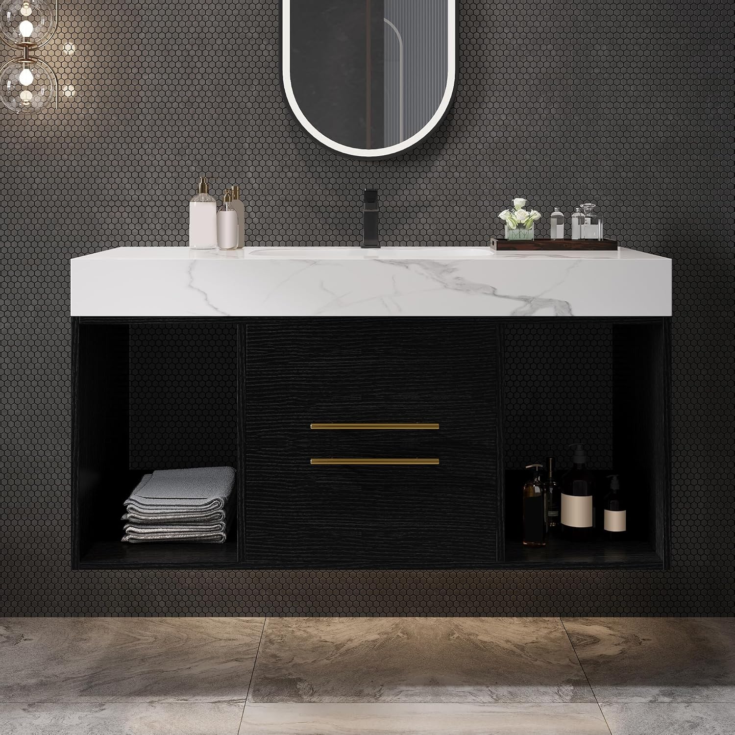 40 inch Modern Floating Bathroom Vanity with Sink, Wall Mounted Bathroom Cabinet with Ceramic Sink, Sintered Stone Countertop, 2 Soft Closing Drawers & Open Storage Shelf, Black