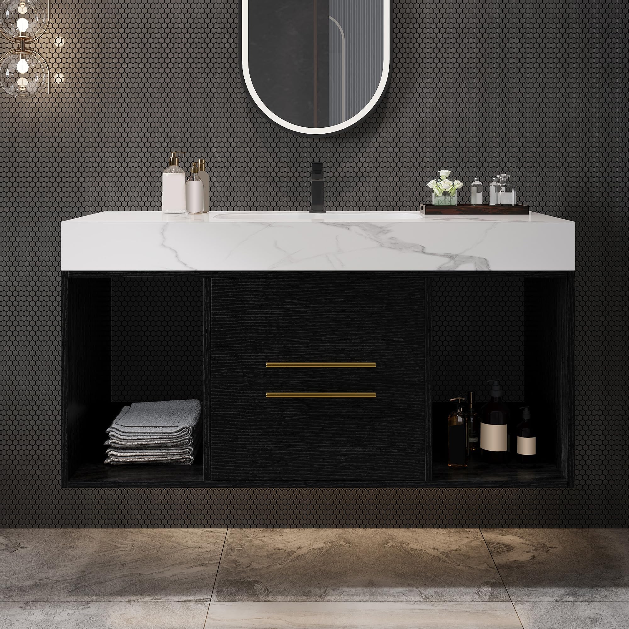 40 inch Modern Floating Bathroom Vanity with Sink, Wall Mounted Bathroom Cabinet with Ceramic Sink, Sintered Stone Countertop, 2 Soft Closing Drawers & Open Storage Shelf, Black