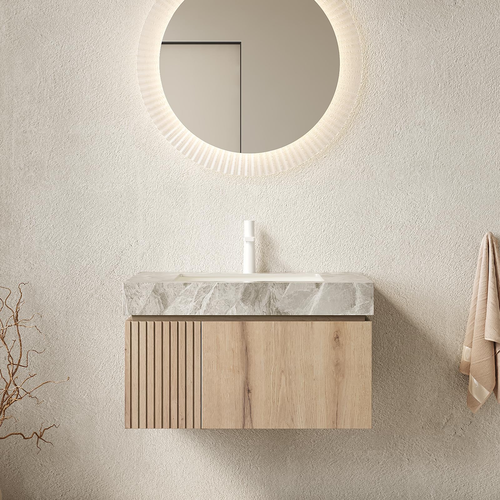 Ambrovina 48" Floating Bathroom Vanity with Sink, Modern Plywood Bathroom Storage Cabinet with Drawer and 2 Doors, Gray Sintered Stone Countertop and White Ceramic Basin, Pre-Assembled, Light Oak