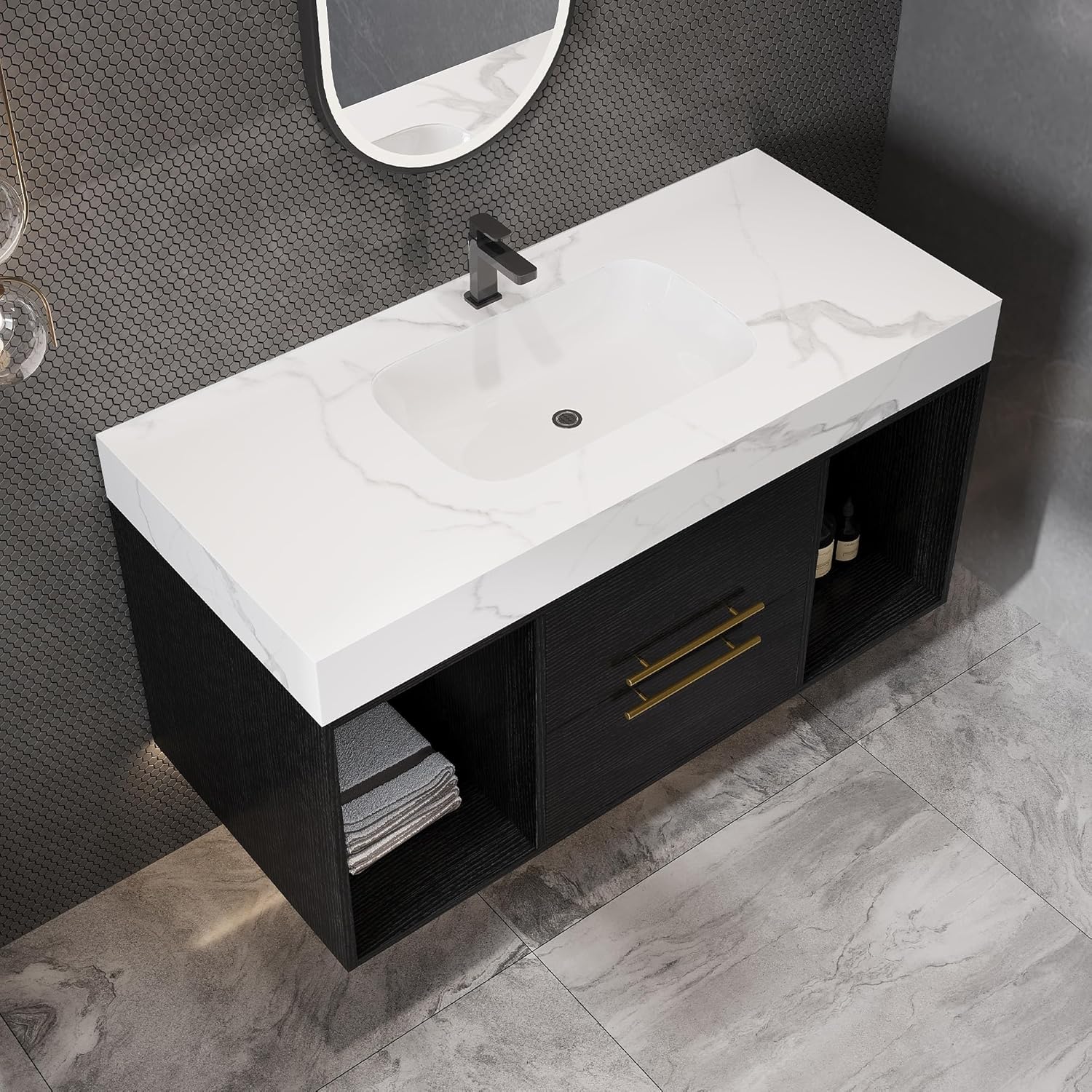 40 inch Modern Floating Bathroom Vanity with Sink, Wall Mounted Bathroom Cabinet with Ceramic Sink, Sintered Stone Countertop, 2 Soft Closing Drawers & Open Storage Shelf, Black