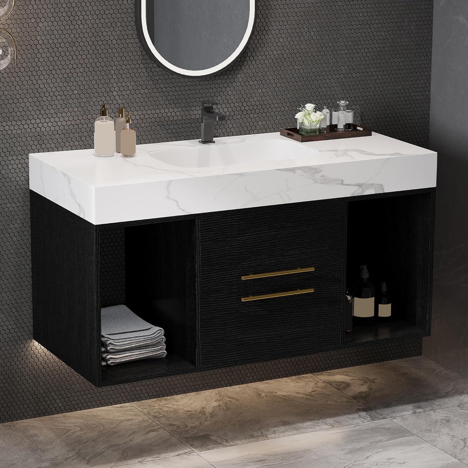 40 inch Modern Floating Bathroom Vanity with Sink, Wall Mounted Bathroom Cabinet with Ceramic Sink, Sintered Stone Countertop, 2 Soft Closing Drawers & Open Storage Shelf, Black