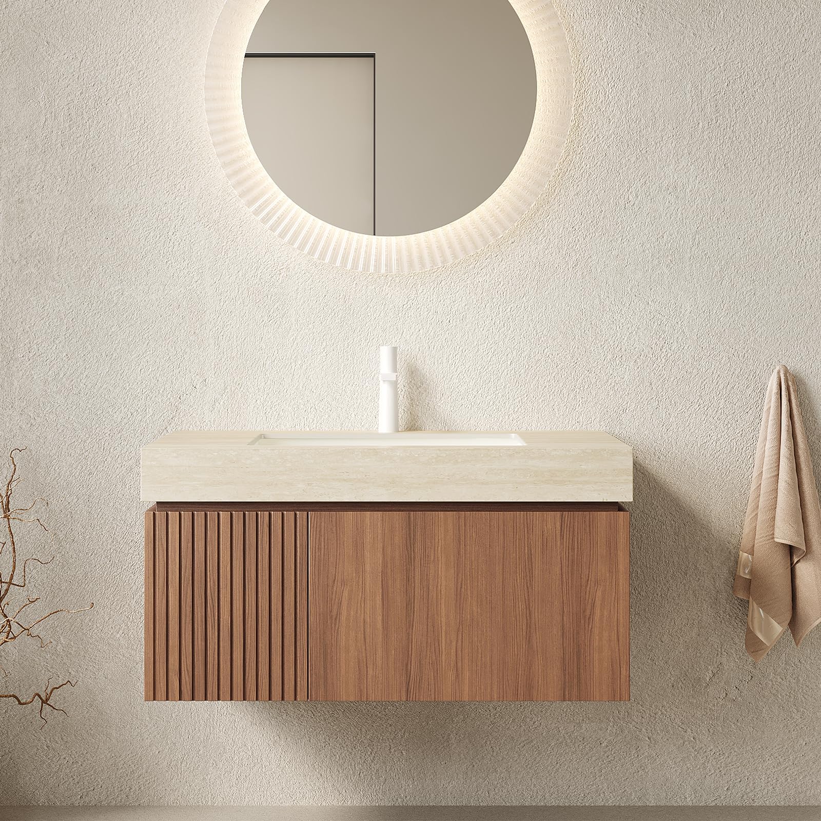 Ambrovina 48" Floating Bathroom Vanity with Sink, Modern Plywood Bathroom Storage Cabinet with Drawer and 2 Doors, Gray Sintered Stone Countertop and White Ceramic Basin, Pre-Assembled, Light Oak