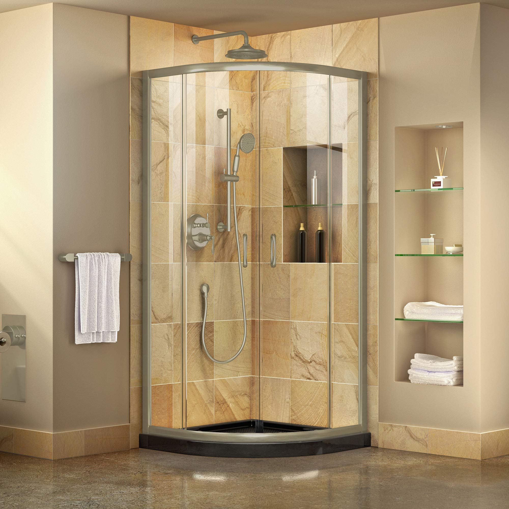 DreamLine Prime 36 in. x 74 3/4 in. Semi-Frameless Frosted Glass Sliding Shower Enclosure in Chrome with White Base Kit, DL-6702-01FR
