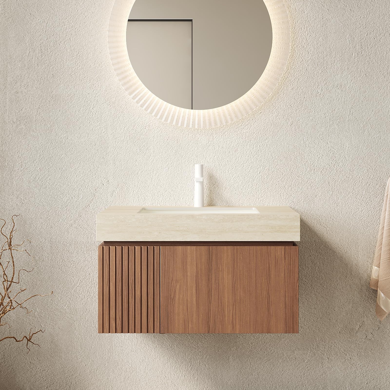 Ambrovina 48" Floating Bathroom Vanity with Sink, Modern Plywood Bathroom Storage Cabinet with Drawer and 2 Doors, Gray Sintered Stone Countertop and White Ceramic Basin, Pre-Assembled, Light Oak